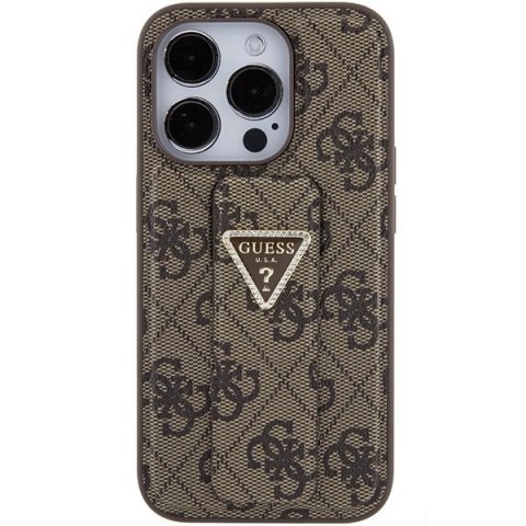 Etui Guess Grip Stand 4G Triangle Strass na iPhone 15 Pro - brązowe