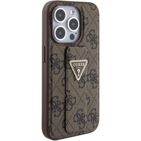 Etui Guess Grip Stand 4G Triangle Strass na iPhone 15 Pro - brązowe