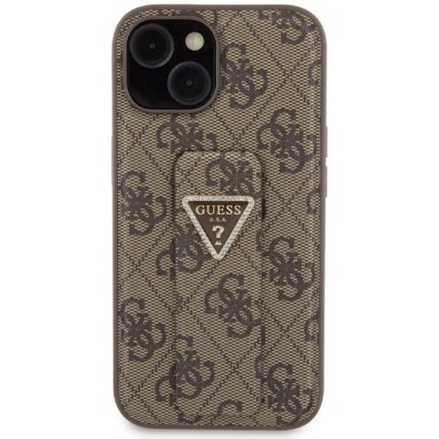 Etui Guess Grip Stand 4G Triangle Strass na iPhone 15 - brązowe