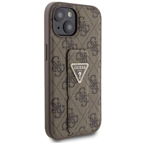 Etui Guess Grip Stand 4G Triangle Strass na iPhone 15 - brązowe