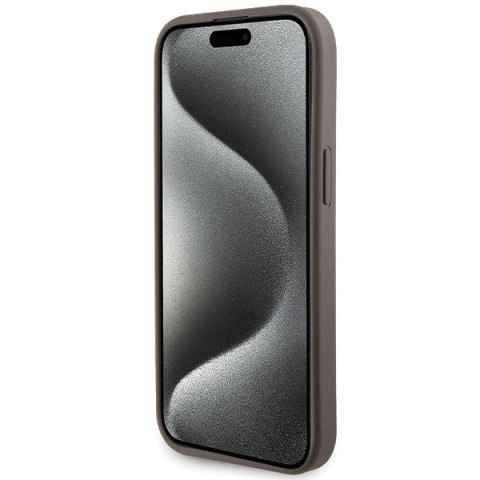 Etui Guess Grip Stand 4G Triangle Strass na iPhone 15 - brązowe