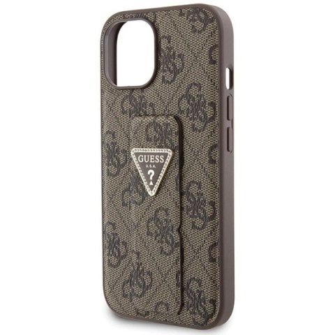 Etui Guess Grip Stand 4G Triangle Strass na iPhone 15 - brązowe