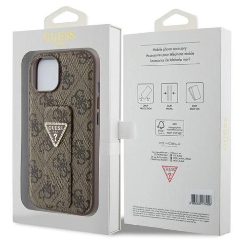Etui Guess Grip Stand 4G Triangle Strass na iPhone 15 - brązowe
