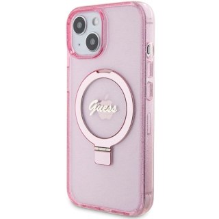 Etui Guess Ring Stand Script Glitter MagSafe na iPhone 15 Plus / 14 Plus - różowe
