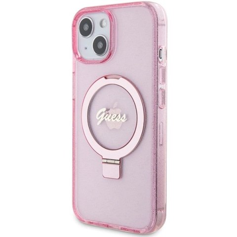 Etui Guess Ring Stand Script Glitter MagSafe na iPhone 15 Plus / 14 Plus - różowe