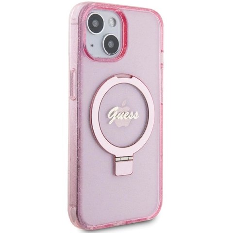 Etui Guess Ring Stand Script Glitter MagSafe na iPhone 15 Plus / 14 Plus - różowe