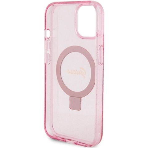 Etui Guess Ring Stand Script Glitter MagSafe na iPhone 15 Plus / 14 Plus - różowe