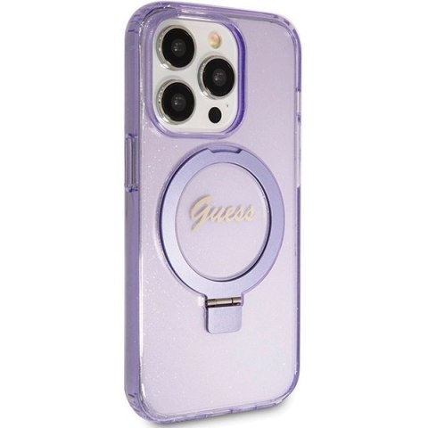 Etui Guess Ring Stand Script Glitter MagSafe na iPhone 15 Pro Max - fioletowe