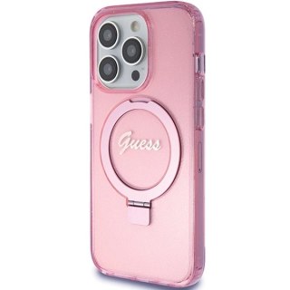 Etui Guess Ring Stand Script Glitter MagSafe na iPhone 15 Pro Max - różowe