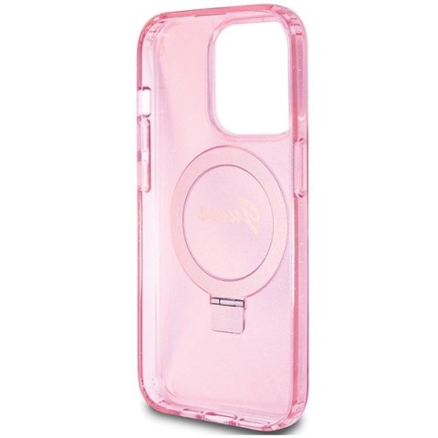 Etui Guess Ring Stand Script Glitter MagSafe na iPhone 15 Pro Max - różowe