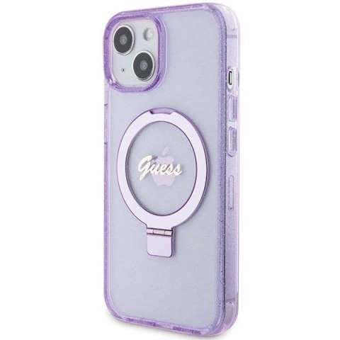 Etui Guess Ring Stand Script Glitter MagSafe na iPhone 15 - fioletowe