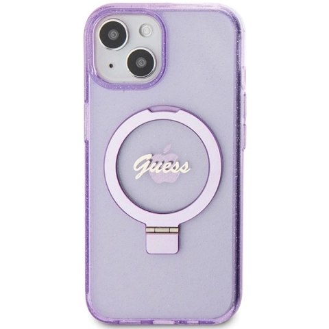 Etui Guess Ring Stand Script Glitter MagSafe na iPhone 15 - fioletowe