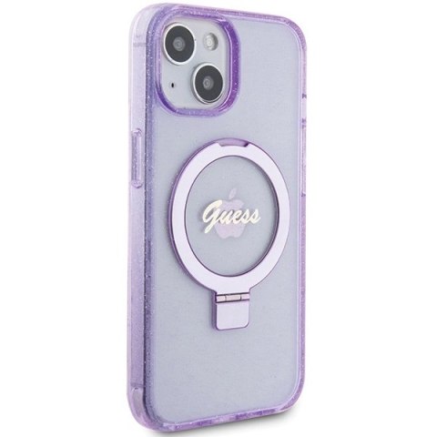 Etui Guess Ring Stand Script Glitter MagSafe na iPhone 15 - fioletowe