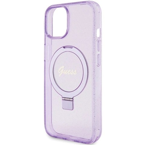 Etui Guess Ring Stand Script Glitter MagSafe na iPhone 15 - fioletowe