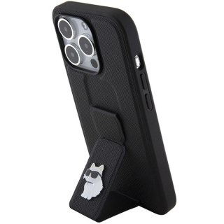 Etui Karl Lagerfeld Gripstand Saffiano Choupette Pins na iPhone 15 Pro - czarne