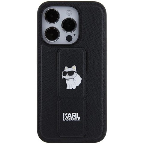 Etui Karl Lagerfeld Gripstand Saffiano Choupette Pins na iPhone 15 Pro - czarne Etui Karl Lagerfeld Gripstand Saffiano Choupette Pins na iPhone 15 Pro - czarne