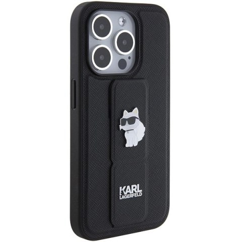 Etui Karl Lagerfeld Gripstand Saffiano Choupette Pins na iPhone 15 Pro - czarne Etui Karl Lagerfeld Gripstand Saffiano Choupette Pins na iPhone 15 Pro - czarne