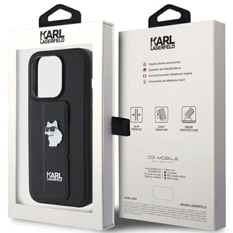 Etui Karl Lagerfeld Gripstand Saffiano Choupette Pins na iPhone 15 Pro - czarne Etui Karl Lagerfeld Gripstand Saffiano Choupette Pins na iPhone 15 Pro - czarne