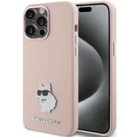 Etui Karl Lagerfeld Silicone Choupette Metal Pin na iPhone 15 Pro - różowe Etui Karl Lagerfeld Silicone Choupette Metal Pin na iPhone 15 Pro - różowe