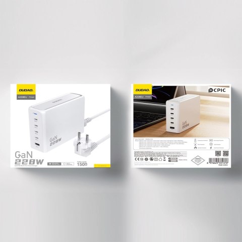 Ładowarka Dudao A228EU GaN 1x USB-A 4x USB-C PD 228W - biała Ładowarka Dudao A228EU GaN 1x USB-A 4x USB-C PD 228W - biała