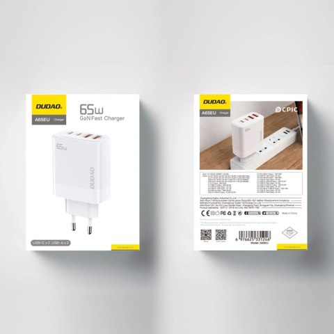 Ładowarka sieciowa GaN Dudao A65EU 2xUSB-A / 2xUSB-C PD 65W - biała Ładowarka sieciowa GaN Dudao A65EU 2xUSB-A / 2xUSB-C PD 65W - biała