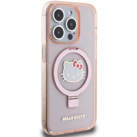 Etui Hello Kitty Ring Stand Glitter Electrop Logo MagSafe na iPhone 15 Pro - różowe
