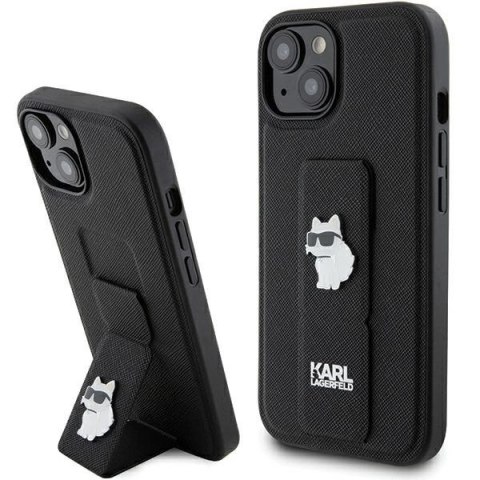 Etui Karl Lagerfeld Gripstand Saffiano Choupette Pins na iPhone 15 - czarne Etui Karl Lagerfeld Gripstand Saffiano Choupette Pins na iPhone 15 - czarne