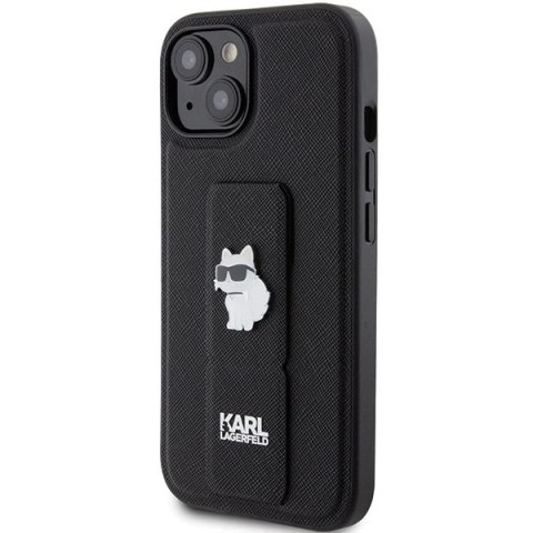 Etui Karl Lagerfeld Gripstand Saffiano Choupette Pins na iPhone 15 - czarne Etui Karl Lagerfeld Gripstand Saffiano Choupette Pins na iPhone 15 - czarne