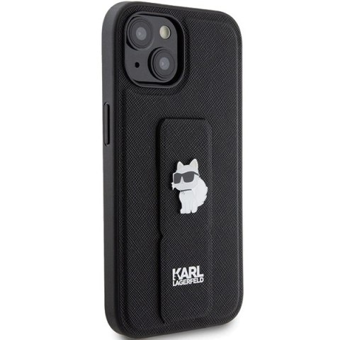 Etui Karl Lagerfeld Gripstand Saffiano Choupette Pins na iPhone 15 - czarne Etui Karl Lagerfeld Gripstand Saffiano Choupette Pins na iPhone 15 - czarne