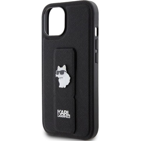 Etui Karl Lagerfeld Gripstand Saffiano Choupette Pins na iPhone 15 - czarne Etui Karl Lagerfeld Gripstand Saffiano Choupette Pins na iPhone 15 - czarne