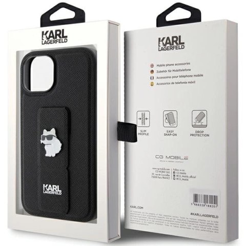 Etui Karl Lagerfeld Gripstand Saffiano Choupette Pins na iPhone 15 - czarne Etui Karl Lagerfeld Gripstand Saffiano Choupette Pins na iPhone 15 - czarne
