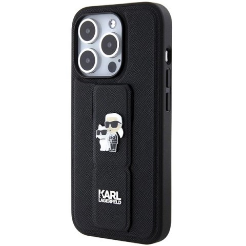Etui Karl Lagerfeld Gripstand Saffiano Karl&Choupette Pins na iPhone 15 Pro Max - czarne Etui Karl Lagerfeld Gripstand Saffiano Karl&Choupette Pins na iPhone 15 Pro Max - czarne