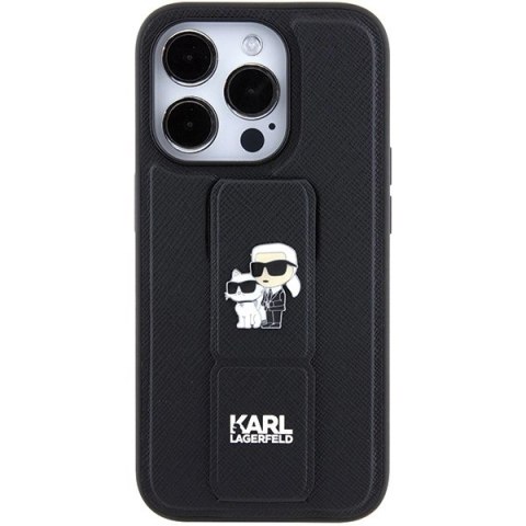 Etui Karl Lagerfeld Gripstand Saffiano Karl&Choupette Pins na iPhone 15 Pro Max - czarne Etui Karl Lagerfeld Gripstand Saffiano Karl&Choupette Pins na iPhone 15 Pro Max - czarne