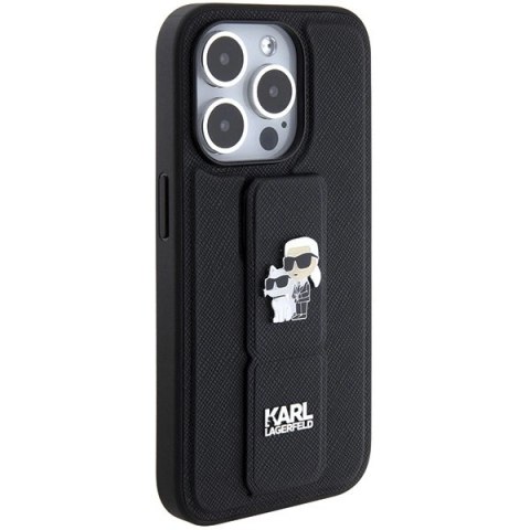 Etui Karl Lagerfeld Gripstand Saffiano Karl&Choupette Pins na iPhone 15 Pro Max - czarne Etui Karl Lagerfeld Gripstand Saffiano Karl&Choupette Pins na iPhone 15 Pro Max - czarne