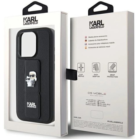 Etui Karl Lagerfeld Gripstand Saffiano Karl&Choupette Pins na iPhone 15 Pro Max - czarne Etui Karl Lagerfeld Gripstand Saffiano Karl&Choupette Pins na iPhone 15 Pro Max - czarne