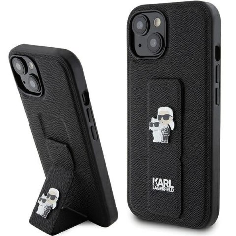 Etui Karl Lagerfeld Gripstand Saffiano Karl&Choupette Pins na iPhone 15 - czarne Etui Karl Lagerfeld Gripstand Saffiano Karl&Choupette Pins na iPhone 15 - czarne