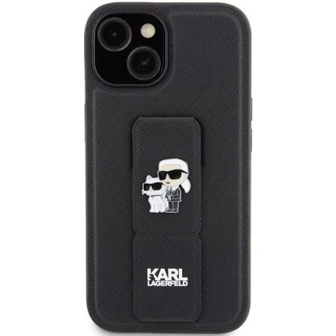 Etui Karl Lagerfeld Gripstand Saffiano Karl&Choupette Pins na iPhone 15 - czarne Etui Karl Lagerfeld Gripstand Saffiano Karl&Choupette Pins na iPhone 15 - czarne