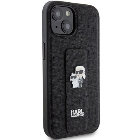 Etui Karl Lagerfeld Gripstand Saffiano Karl&Choupette Pins na iPhone 15 - czarne Etui Karl Lagerfeld Gripstand Saffiano Karl&Choupette Pins na iPhone 15 - czarne