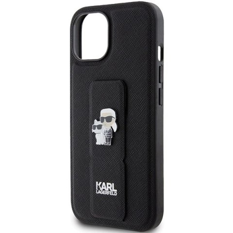 Etui Karl Lagerfeld Gripstand Saffiano Karl&Choupette Pins na iPhone 15 - czarne Etui Karl Lagerfeld Gripstand Saffiano Karl&Choupette Pins na iPhone 15 - czarne