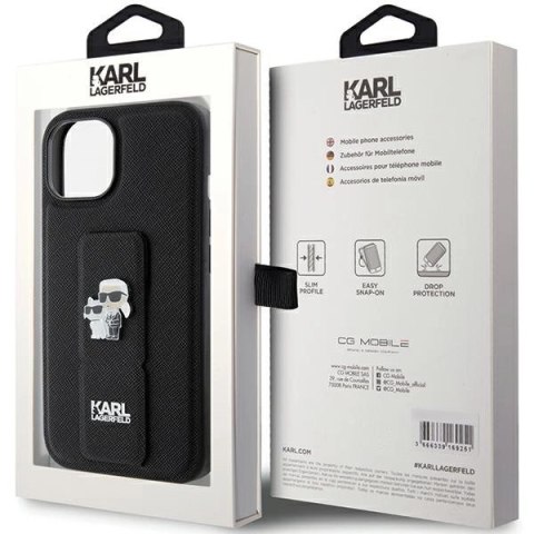 Etui Karl Lagerfeld Gripstand Saffiano Karl&Choupette Pins na iPhone 15 - czarne Etui Karl Lagerfeld Gripstand Saffiano Karl&Choupette Pins na iPhone 15 - czarne