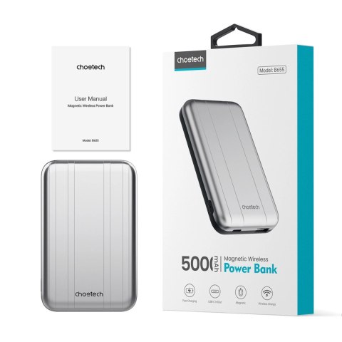 Mini powerbank Choetech B655 indukcyjny MagSafe USB-A / USB-C 5000mAh - srebrny Mini powerbank Choetech B655 indukcyjny MagSafe USB-A / USB-C 5000mAh - srebrny