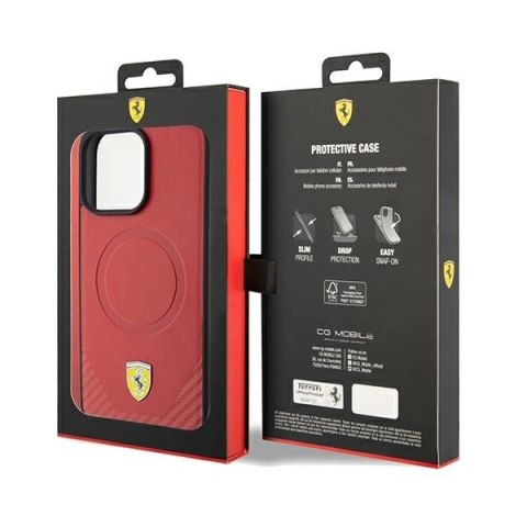 Etui Ferrari Carbon Metal Logo MagSafe na iPhone 15 Pro Max - czerwone Etui Ferrari Carbon Metal Logo MagSafe na iPhone 15 Pro Max - czerwone