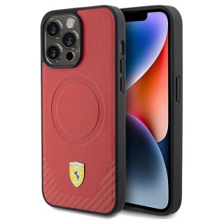 Etui Ferrari Carbon Metal Logo MagSafe na iPhone 15 Pro - czerwone