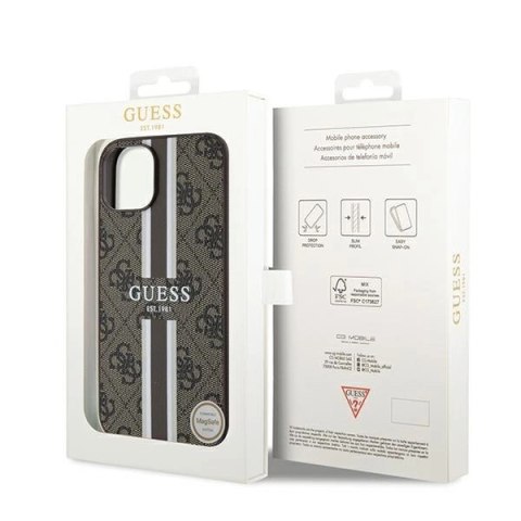 Etui Guess 4G Printed Stripes MagSafe na iPhone 15 / 14 / 13 - brązowe