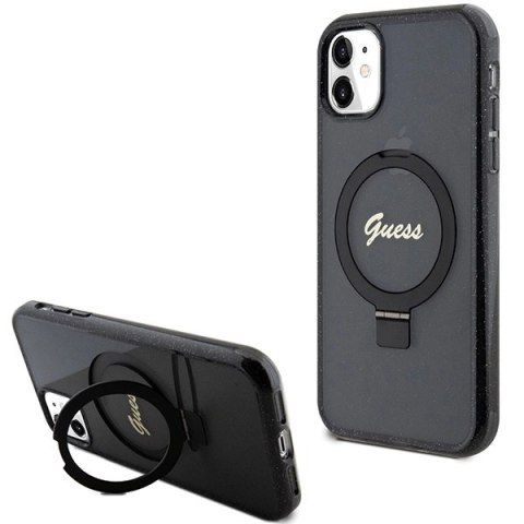 Etui Guess Ring Stand Script Glitter MagSafe na iPhone 11 / Xr - czarne