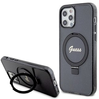Etui Guess Ring Stand Script Glitter MagSafe na iPhone 12/12 Pro - czarne