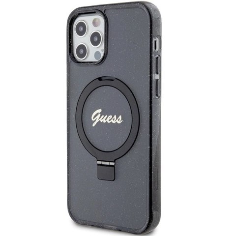 Etui Guess Ring Stand Script Glitter MagSafe na iPhone 12/12 Pro - czarne