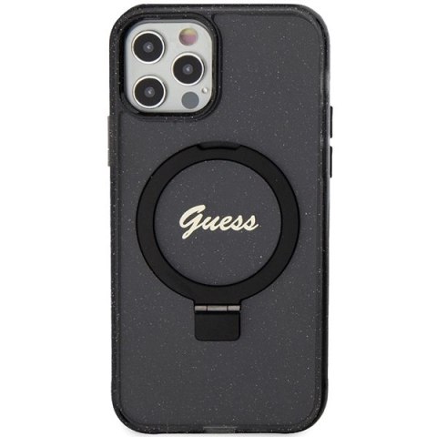 Etui Guess Ring Stand Script Glitter MagSafe na iPhone 12/12 Pro - czarne