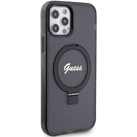 Etui Guess Ring Stand Script Glitter MagSafe na iPhone 12/12 Pro - czarne