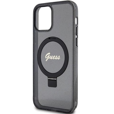 Etui Guess Ring Stand Script Glitter MagSafe na iPhone 12/12 Pro - czarne